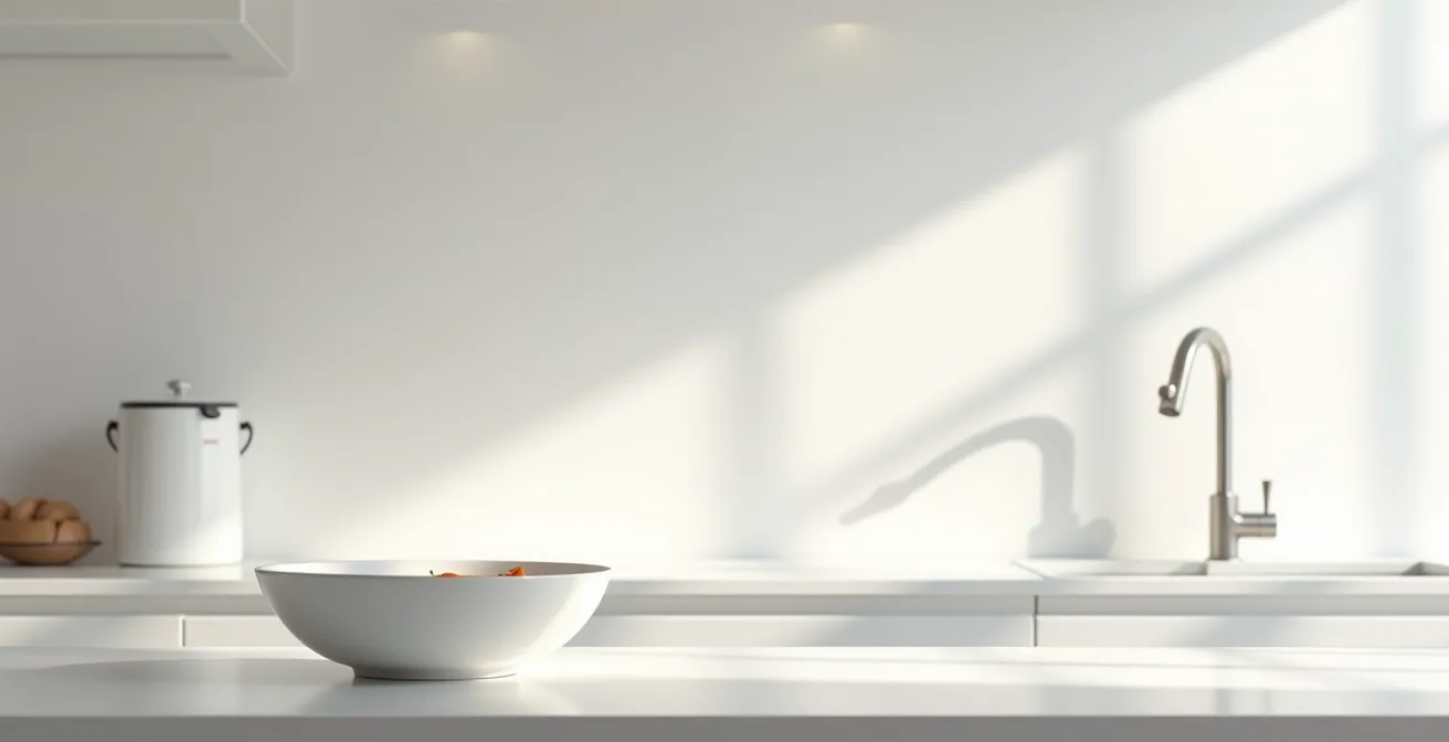 Plan de travail de cuisine épuré avec uniquement un blender chauffant moderne