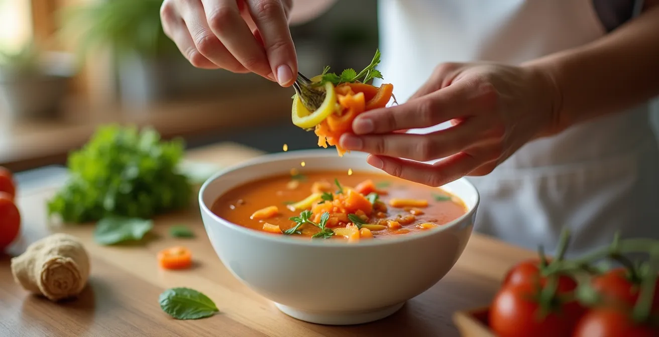Mains versant des légumes frais dans un blender chauffant