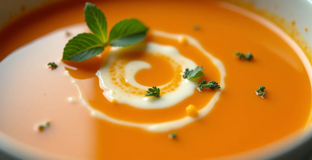 Texture crémeuse d'un velouté orange en gros plan